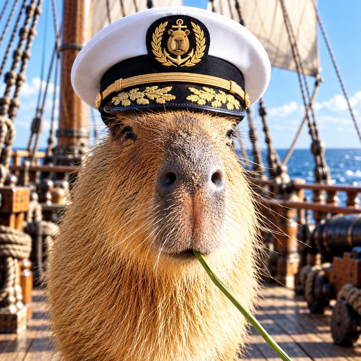 Admiral Capy’s picture: a capybara in a white naval officer’s cap on the deck of a sailing ship.